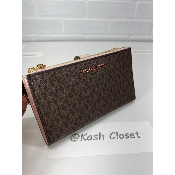 Michael Kors wallet double zip wristlet large MK signature powder blush brown - Picture 4 of 8